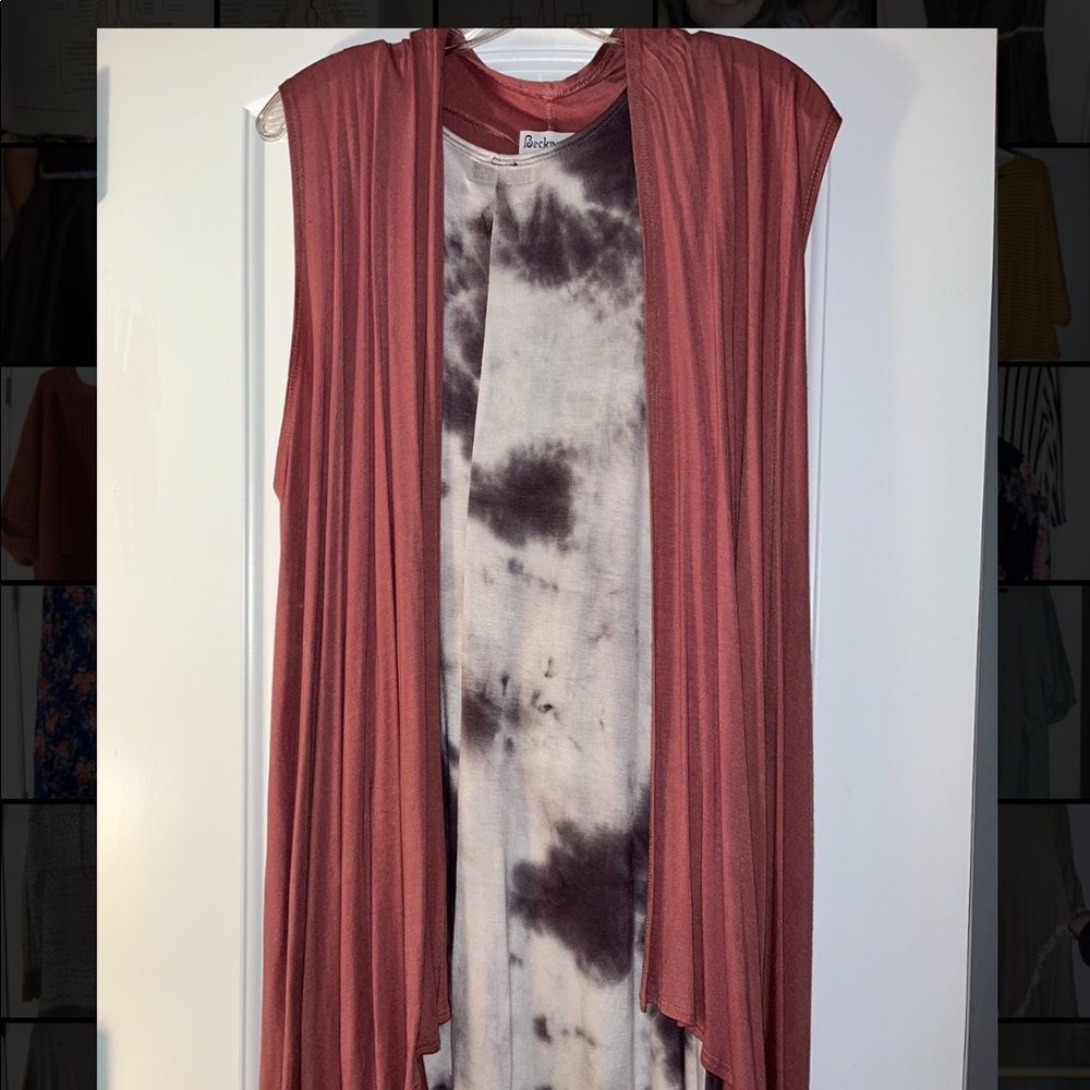 Printed sleeveless dress with sleeveless cardigan.